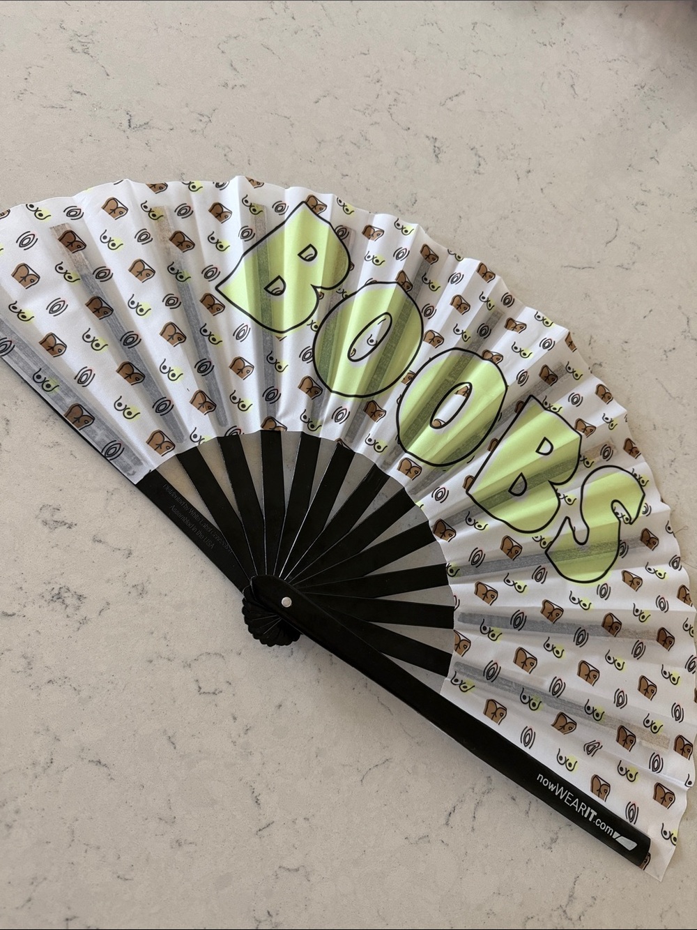 Boobs Folding Clacking Hand Fan – White with Neon Green Lettering